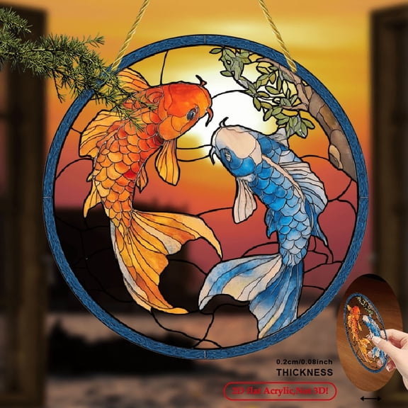 2D Flat 1pc Koi Fish Sun Catcher, 8x8 Inch Round Acrylic Sign, Stained Glass Style Window Hanging Decoration, Tranquil Aquatic Atmosphere, Suitable for Home Decoration and Zen Garden Decoration