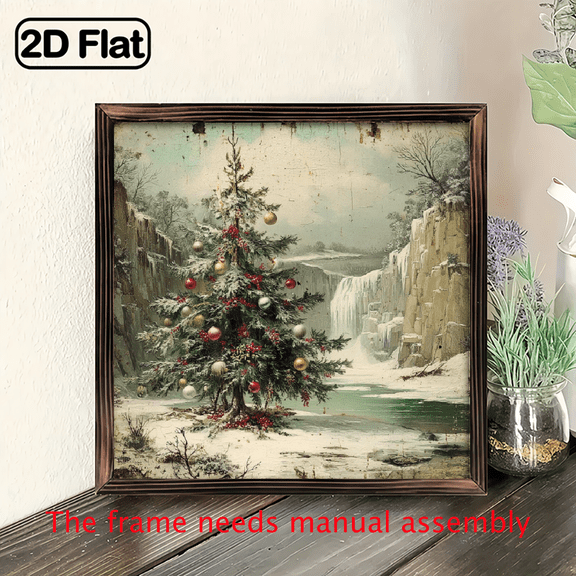 2D Flat - 1pc Large 8x8 Inch (20x20cm) Christmas Wall Art - Winter Forest with Waterfall Pine Tree - Rustic Farmhouse Style Framed Painting - Ready-to-Hang Holiday Decor, Christmas Decorations, Se