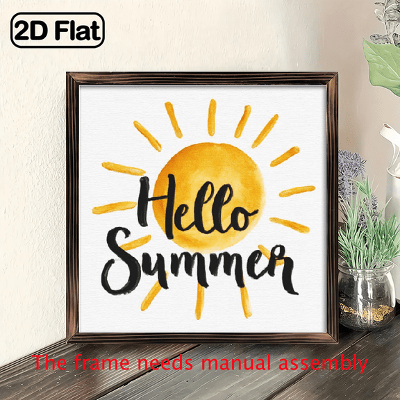 2D Flat, 1pc Large 8x8 Inch Wooden Sun Wall Decor - Hello Summer Decoration with Black Cursive Lettering Yellow Sun Motif - Flat Panel Art Print for Home, Office, Father's Day, 4th of July
