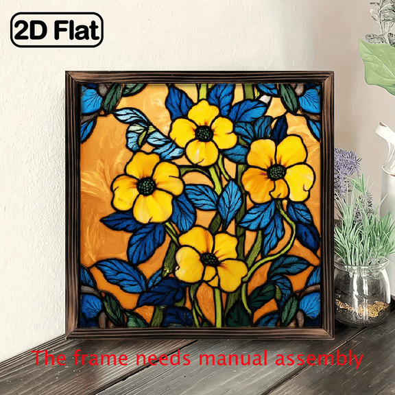 2D Flat, 1pc Large Round Floral Blossom Sun Catcher - Elegant Window Hanging Decor with Black Frame, Vibrant Yellow, Blue, Green, Golden Brown Floral Patterns - Heavy-Duty Acrylic Wall 8*8in