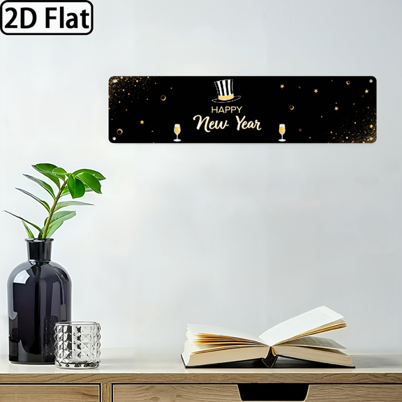 2D Flat, 1pc Large Vintage Happy New Year Iron Wall Sign 16*4 Inch Rustic Metal Plaque Suitable for Farmhouse