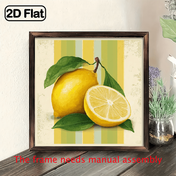 2D Flat, 1pc Lemon-Themed Vintage Fruit Wall Art - Wooden Framed Lemon Print Painting 8x8inch Retro Kitchen Living Room Decor Suitable for New Year Gifts, Lemon Bowl Decorations - Wood Frame Fru
