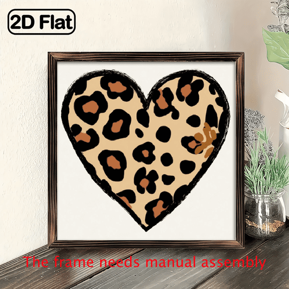 2D Flat, 1pc Leopard Print Heart Wall Art - Black Golden Animal Print Wooden Sign, 8x8 Inch Modern Boho Chic Framed Home Decor for Bedroom, Living Room, Kitchen.