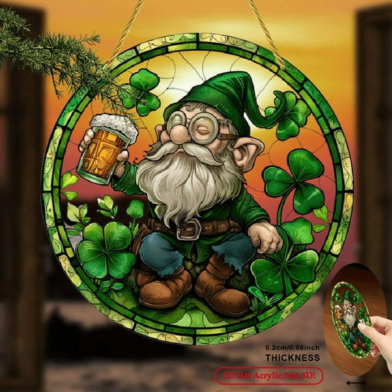 2D Flat, 1pc Leprechaun with Beer Sun Catcher 8X8 Inch Circular Acrylic Sign, Stained Glass-Style Window Hanging Decor with 3D Visual Effect.