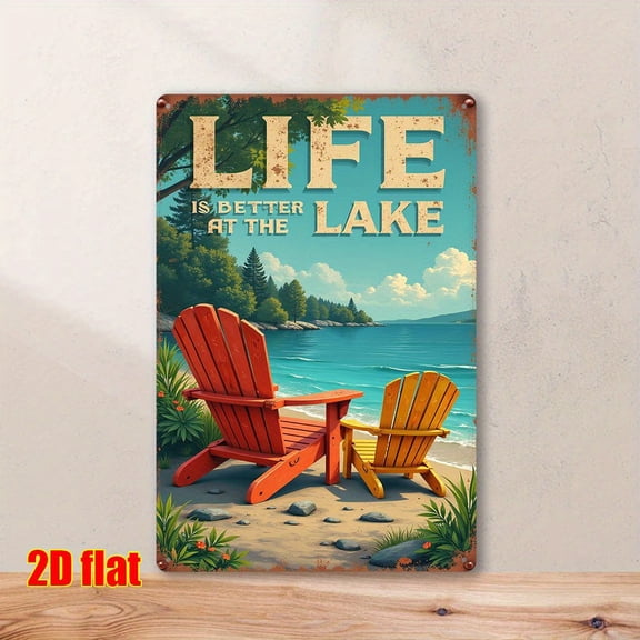 2D Flat, 1pc "Life is Better at the Lake" Vintage Waterproof Metal Wall Art Sign - 7.8x11.8 inches Retro Lake View with Adirondack Chairs Rustic Font, Durable Indoor/Outdoor Decoration for Home