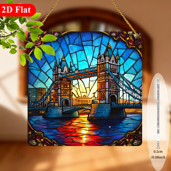 2D Flat, 1pc London Tower Bridge Suncatcher - 8-Inch Square Stained--Style Window Hanging Decor with Iconic British Landmark, Turquoise Mosaic Patterns for Room, British-Themed Party, Decoration