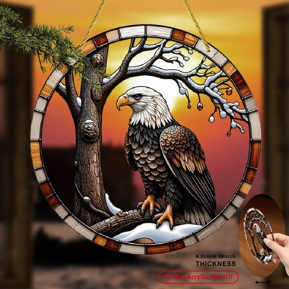 2D Flat, 1pc Majestic Eagle Under Snowy Tree Acrylic Suncatcher - Stained Window Hanging Decor, 8x8 Vibrant Winter Scene with Red Berries, Christmas Thanksgivi