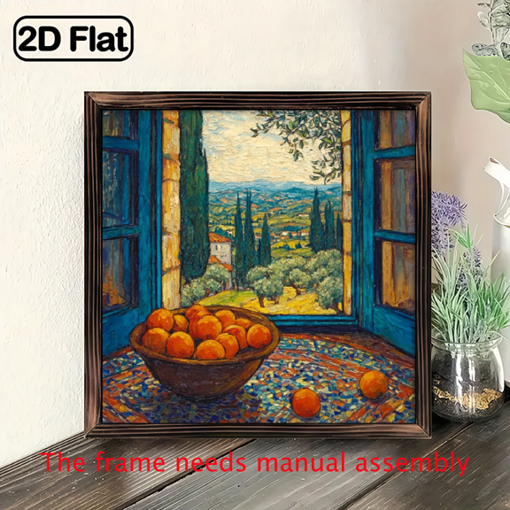 2D Flat, 1pc Mediterranean Orange Tree Window View Wall Art - Rustic Farmhouse Style Wood Framed 2D Flat Print, 8x8 (20x20cm) Recycled Wood Frame with Vibrant Mediterranean Landscape Painting for