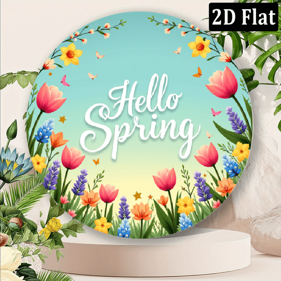 2D Flat - 1pc Metal Rotating Wind Vane - Spring Spinner with Blooming Flowers, Butterflies Hello Spring Sign, Outdoor Wind- Decoration Suitable for Porch, Weddings, Easter, Rotating Top for Wind