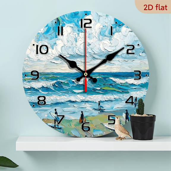 2D Flat, 1pc, Modern Abstract Beach Scene Wall Clock - 10-Inch Silent, Round Wood Veneer Decor with Oceanic Wave Design - Battery-Powered (AA Not Included) - Ideal for Home, Bedroom, Office Decor