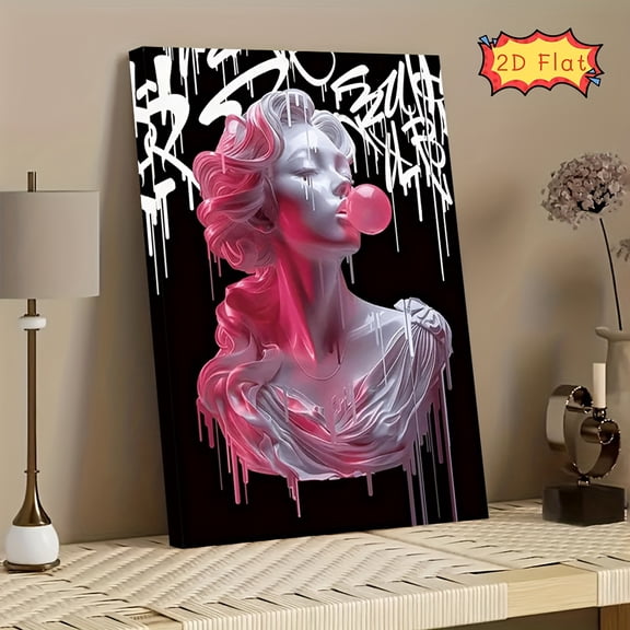 2D Flat, 1pc Modern Abstract Pop Art Wall Decor - Black & Pink Female Face Painting with Glossy Bubble Gum Lips, Wrapped Canvas Poster Print for Living Room