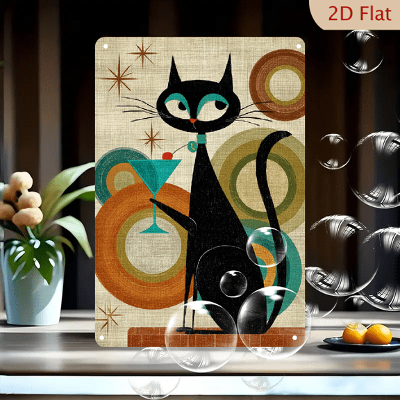 2D Flat, 1pc Modern Black Cat Metal Tin Sign - Retro Wall Art with Abstract Martini Feline Decor, 8x12 Inch Square Durable Hanging Decoration Suitable for Home, Bar, Garage - Easy to Installation.