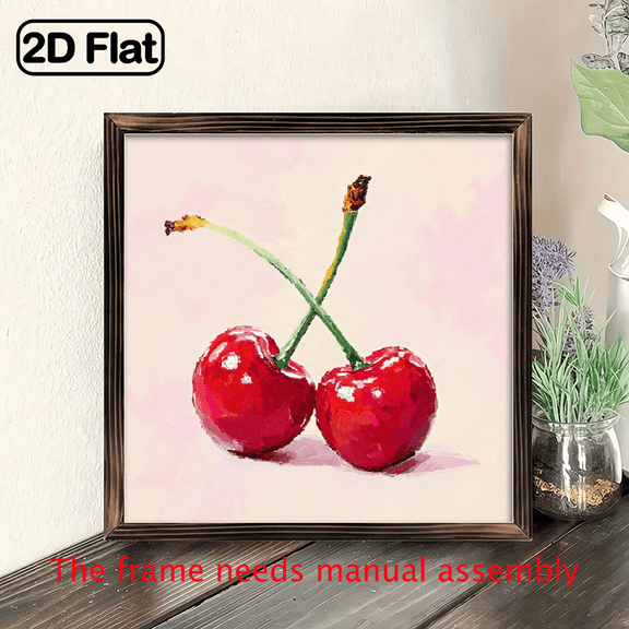 2D Flat, 1pc Modern Farmhouse Cherry Duo Wall Art - Rustic Wooden Framed Decor with Red Cherries, 8x8 Inch Ready-to-Hang Painting for Kitchen, Living Room, Bedroom, Bathroom - HousewarmingChristmas