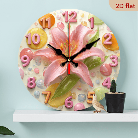 2D Flat, 1pc, Modern Minimalist Pink Lily Colorful Dots Wall Clock10 Inch Round Silent, Artificial Wood Powered Analog Clock with Black Hands for Home, Office, Bedroom