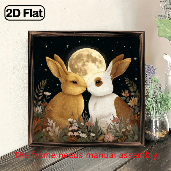 2D Flat, 1pc Moon Rabbit Pair Wood Wall Art - 8x8 Inch Square Framed Chinese-Inspired Nursery Decor, Artificial Wood Cute Rabbit Painting with Moon Stars, Pastel Pink_Green_Brown Tones Room Deco