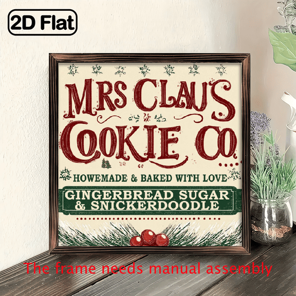 2D Flat, 1pc, Mrs Claus Cookie Co Homemade Baked with Love Gingerbread Sugar Snickerdoodle Wooden Framed Sign Christmas Kitchen Decor Desktop Decor Vintage Wall Decor for Home, Kitchen