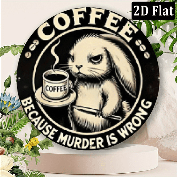 Because Murder Is Wrong Vintage Aluminum Wall Sign with Whimsical Rabbit Coffee Art - 8x8 Inch Farmhouse Decor, Humorous Kitchen Living Room Wall Art, Durable Metal Home Decoration