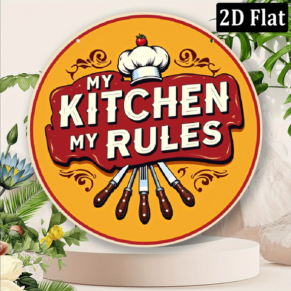 2D Flat, 1pc My Kitchen My Rules Sign, 8x8 Inch Round Metal Decorative Plaque, Stylish Home Decor, for Bar, Kitchen, Hotel, Motel, Mall
