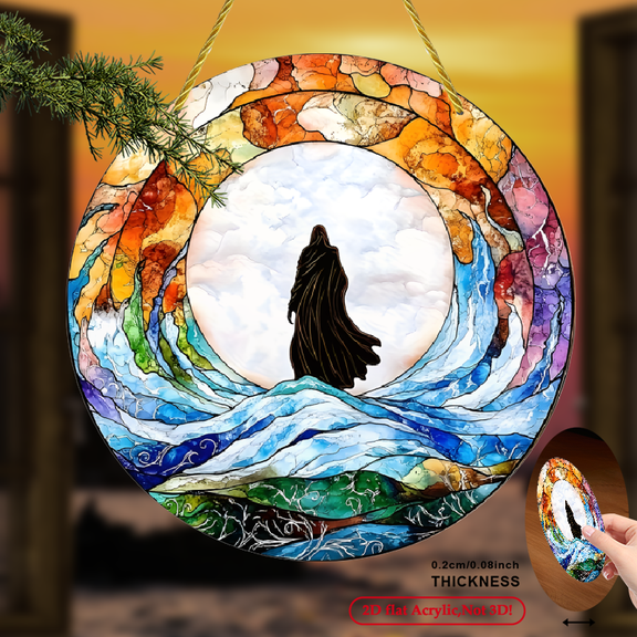 2D Flat, 1pc Mystical Ocean Sun Catcher Wall Hanging Decor - 8x8 Serene Blue Coastal Art, Acrylic Stained Glass Effect Window Decor for Home, Studio & Beach Houses, No Electricity Needed