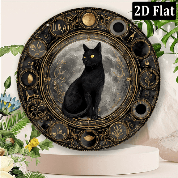 2D Flat 1pc Mystical Wheel of the Year Aluminum Sign - 8x8inch Witchcraft Pagan Calendar Theme with Moon Phases, Zodiac Herbal Elements Wall-Mounted, Decorative plague, Perfect Festive Gift.