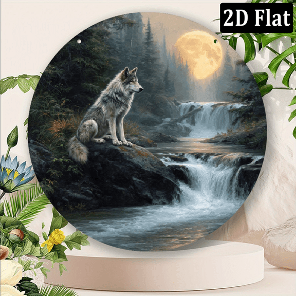 2D Flat, 1pc Mystical Wolf Scene 8x8 Round Aluminum Sign - Durable Weatherproof, with Vivid Colors for Indoor_Outdoor Decor Ideal for Kitchen, Office, Cafe, Wolf Decor, Perfect for Room Decor