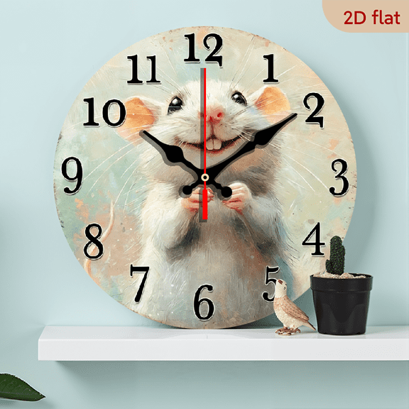 2D Flat 1pc Non-Ticking Wooden Wall Clock with Cute Cartoon Mouse Design - 25cm Round Battery Operated Clock for Home, Kitchen, Office, Studio Decor (AA Battery Not Included), Kitchen Timepiece