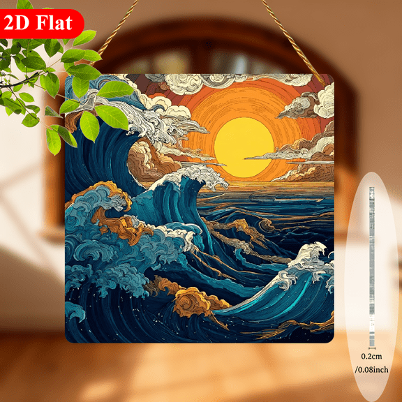 2D Flat, 1pc Ocean Wave Sunset Acrylic Suncatcher, 8x8Inches Window Decor for Room, Garden, Farmhouse Porch, Party Scene Decoration, Gift for Sister, Friend, Mom, Lady, Gardening Light