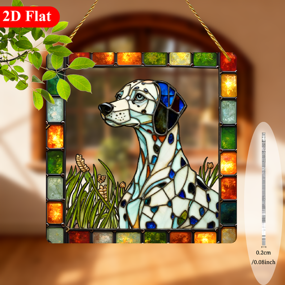 2D Flat, 1pc Omugimachi Dalmatian Puppy Window Suncatcher - 8-Inch Square Stained--Style Hanging Ornament with Dalmatian Dog Smiling Face, Outdoor Garden Decor 8*8in