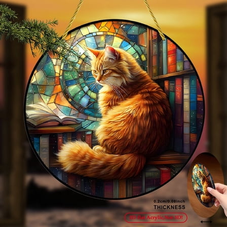 2D Flat, 1pc Orange Cat Sun Catcher Wall Sculpture - Acrylic Round Sign with Stained Glass Effect,  Vibrant Home Decor for Living Room, Window, Holiday - No Electricity Needed, 8*8inch