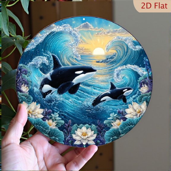 2D Flat 1pc, Orca Whale Fantasy 8x8 Inch Round Tin Wall Art, Durable Metal Home Decor for Living Room, Bedroom, Cafe, Garage Entrance - Artistic Painting Supplies for Artists