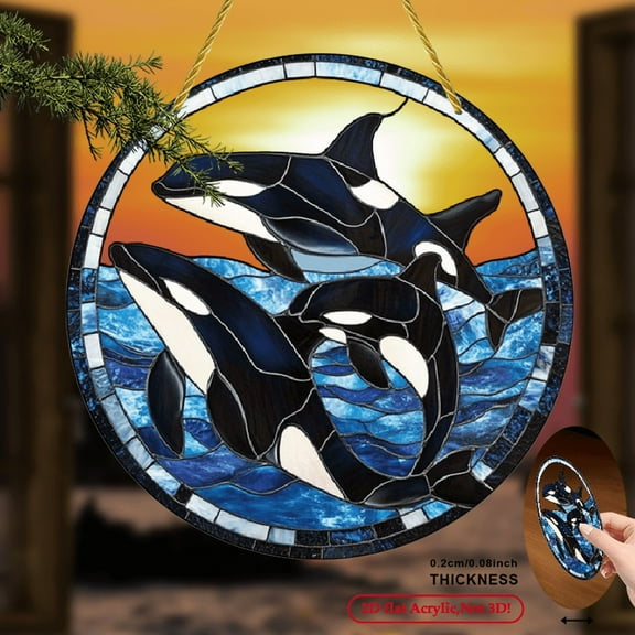 2D Flat 1pc Orca Whale Sun Catcher Circular Acrylic Sign Colored Glass Style Window Hanging DecorSerene Ocean ThemeSuitable for Home Decor and Coastal Themed Holiday Celebrations, 8*8inch
