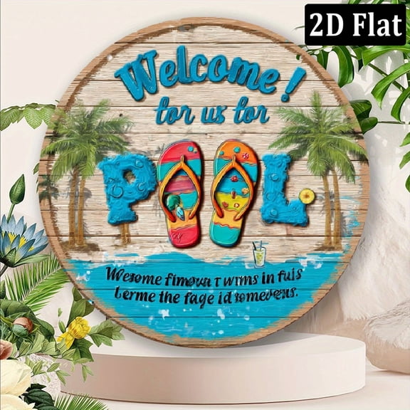 2D Flat, 1pc Outdoor Pool Metal Sign - Vibrant Blue Welcome to Our Pool Aluminum Sign with Tropical Palm Trees Flip-Flops Design, 8x8 Inch Round Weather-Resistant Wall Decor for Poolside, Resorts