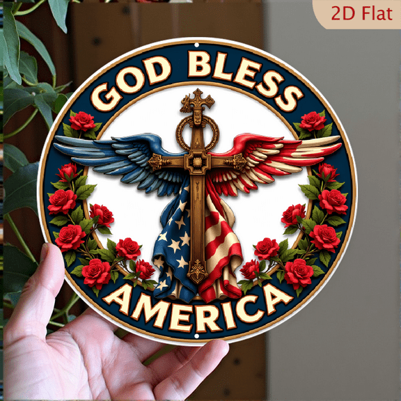 2D Flat, 1pc Patriotic Eagle & Cross Round Aluminum Metal Wall Decor - 8*8_ American Flag Design with _GOD Bless AMERICA_ & Red Roses, Indoor_Outdoor Holiday Gift for Father's Day, Mother's Day, Home