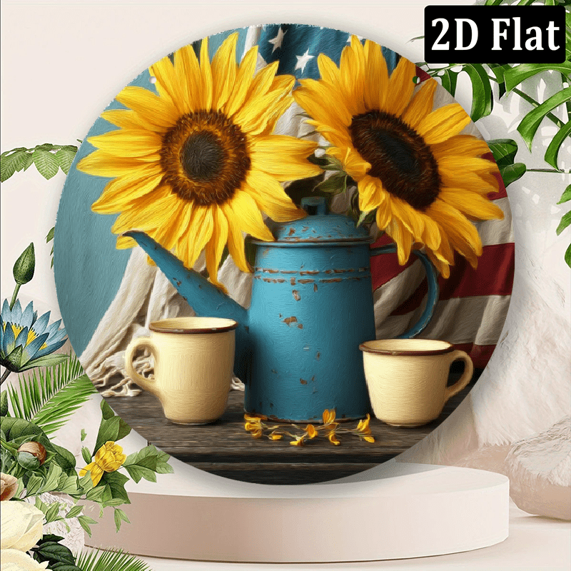 2D Flat, 1pc Patriotic Sunflower Metal Sign - Round Iron Wall Decor ...