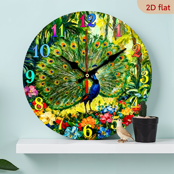 2D Flat 1pc Peacock Jungle Floral Wall Clock - 10 Inch Round Wooden Wall Clock with Vibrant Peacock Floral Design, Silent Non-Ticking Modern Home Decor for Living Room Bedroom Kitchen Office