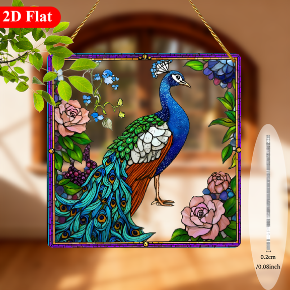 2D Flat, 1pc Peacock Suncatcher Window Hanging Decor - Elegant Peacock with Spread Feathers, Acrylic Square Ornament for Home, Wedding, Party - Easy Hanging Loop - Indoor8 In
