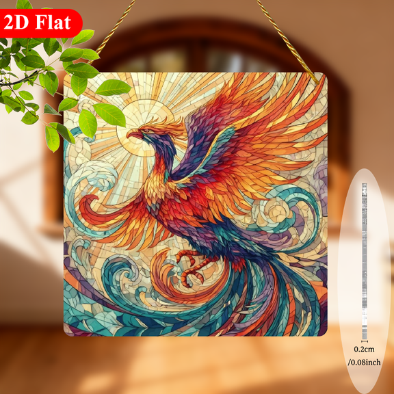 2D Flat, 1pc Phoenix Bird Acrylic Suncatcher - Stained Glass Effect, 8x8 Inches, Vibrant Colors, Easy to Hang, Perfect for Window, Room, Garden, Farmhouse Porch, Party Scene Decor, Gift for Sister