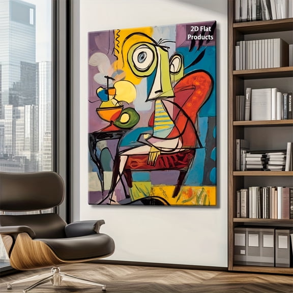 2D Flat, 1pc Picasso-Style Cubist Abstract Wall Art Painting - Blue & Yellow Modernist Wrapped Canvas Poster, Minimalist Decorative Sign for Living Room, Bedroom