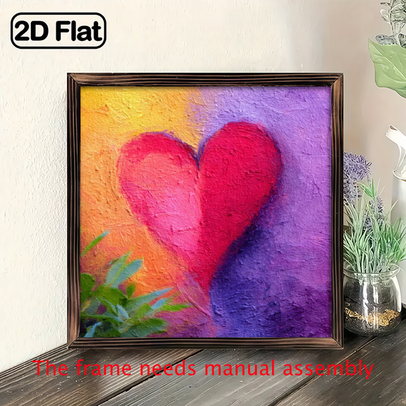 2D Flat, 1pc Pink Heart on Purple Background Rustic Farmhouse Wood Framed Wall Art - Vintage Modern Heart Print with White Inner Glow, 8x8Pink Purple Yellow Red Blue Decor for Bedroom, Living Room