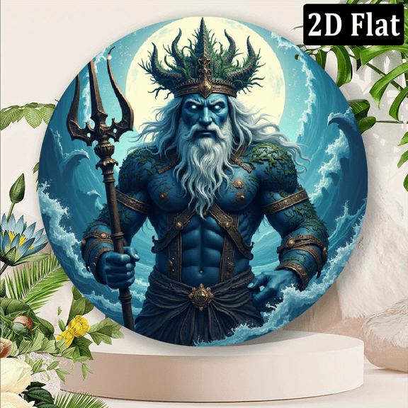 2D Flat, 1pc Poseidon Mythology Sign, Sea King Trident Ocean Waves Design, 8x8 Inch Round Metal Wall Art, Indoor Outdoor Decorative Plaque with Home, Living Room, Bedroom, Office, Cafe Bar for Decor
