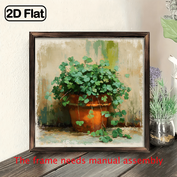 2D Flat - 1pc Print Wooden Wall Art 8x8inch Green Clover Plant in Pot Rustic Farmhouse Style Home Decor for Living Room Bedroom Kitchen Framed Wall Art Deco for Kitchen Bathroom Living Room, Bes