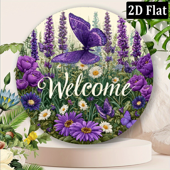 2D Flat - 1pc Purple Butterfly Flower WELCOME Metal Sign, Classic Elegant 88Inches Round Outdoor Indoor Aluminum Wall Art Hanging Plaque Sign Decor For House Porch, Garden Yard, Cafe