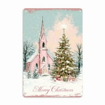 2D Flat, 1pc Putuo Decor Vintage Metal Tin Sign - Enchanting Pink Church Snowy Christmas Tree Scene with Merry Christmas Message, Reusable Wall Art for Festive Home Farmhouse Decor