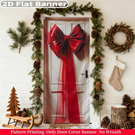 2D Flat 1pc Red Door Bowknot Pattern Printing Door Banner, 35.8x71.3inch Door Cover, Elegant Red Bow Party Photobooth Props, Ideal For Christmas, Weddings, Christmas, Valentine's Day