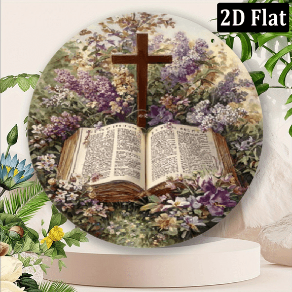 2D Flat, 1pc Religious Cross Bible Metal Sign - 8x8 Inch Round Aluminum Wall Art with Floral Cross, Open Book Purple Flowers - IndoorOutdoor Hanging Plaque for Church, Home, Prayer Room Decor