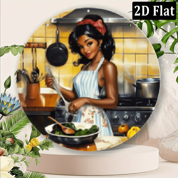 2D Flat, 1pc Retro African American Chef Cooking Wall Art - 8x8 Inch Circular Aluminum Metal Mural, Vibrant Kitchen Decor for Home, Cafe, Restaurant, Farmhouse - Easy to Hang