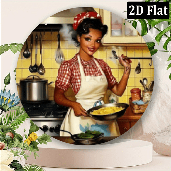 2D Flat, 1pc Retro Metal Circular Aluminum Wall Art - Cheerful African American Cooking Kitchen Scene with Pots, Pans Bowls, 8x8 Inch Vintage Mural for Home, Bar, Cafe, Garage Decor - Durable