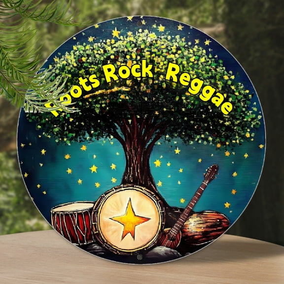 2D Flat, 1pc Retro Roots Rock Reggae Metal Wall Art Sign - 8x8 Inch with Vibrant Rastafarian Tree, Drum & Star Design, Durable Indoor/Outdoor Wall Decor for Home, Cafe, Garage, Garden