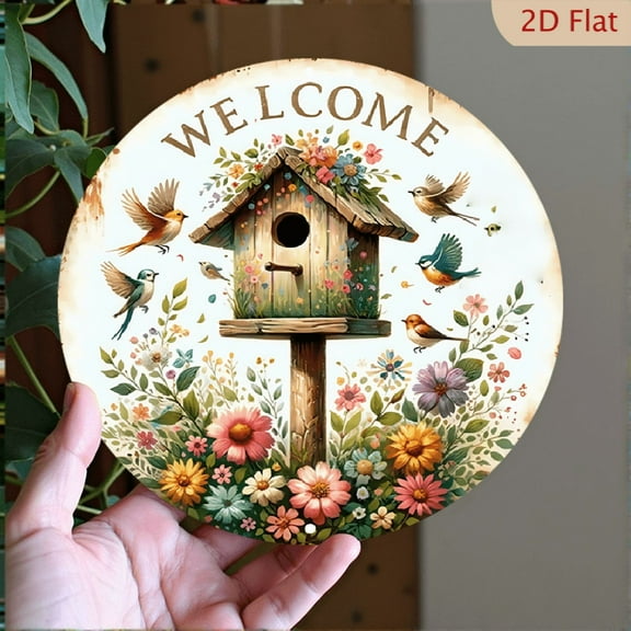 2D Flat, 1pc Retro Welcome Garden Bird's Nest Metal Sign - 8*8 Inch Round Aluminum Wall Art with Colorful Floral & Bird Design, Weather-Resistant Outdoor_Indoor Decor for Home, Cafe, Beach House