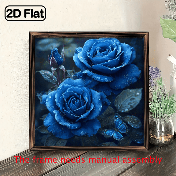 2D Flat, 1pc Retro Woodblock Print 8X8 Inch Dream Flower, The Blue Rosesuitable for Home Decor Office Bedroom.Idear gift for festival.